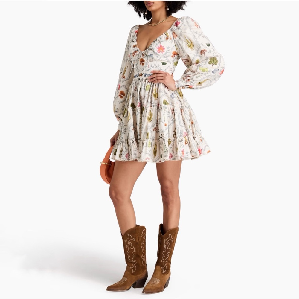 AGUA BY AGUA BENDITA HONOR ENCAJE WHITE LEAF PLANT PRINT LONG SLEEVE MINI DRESS - Picture 17 of 17